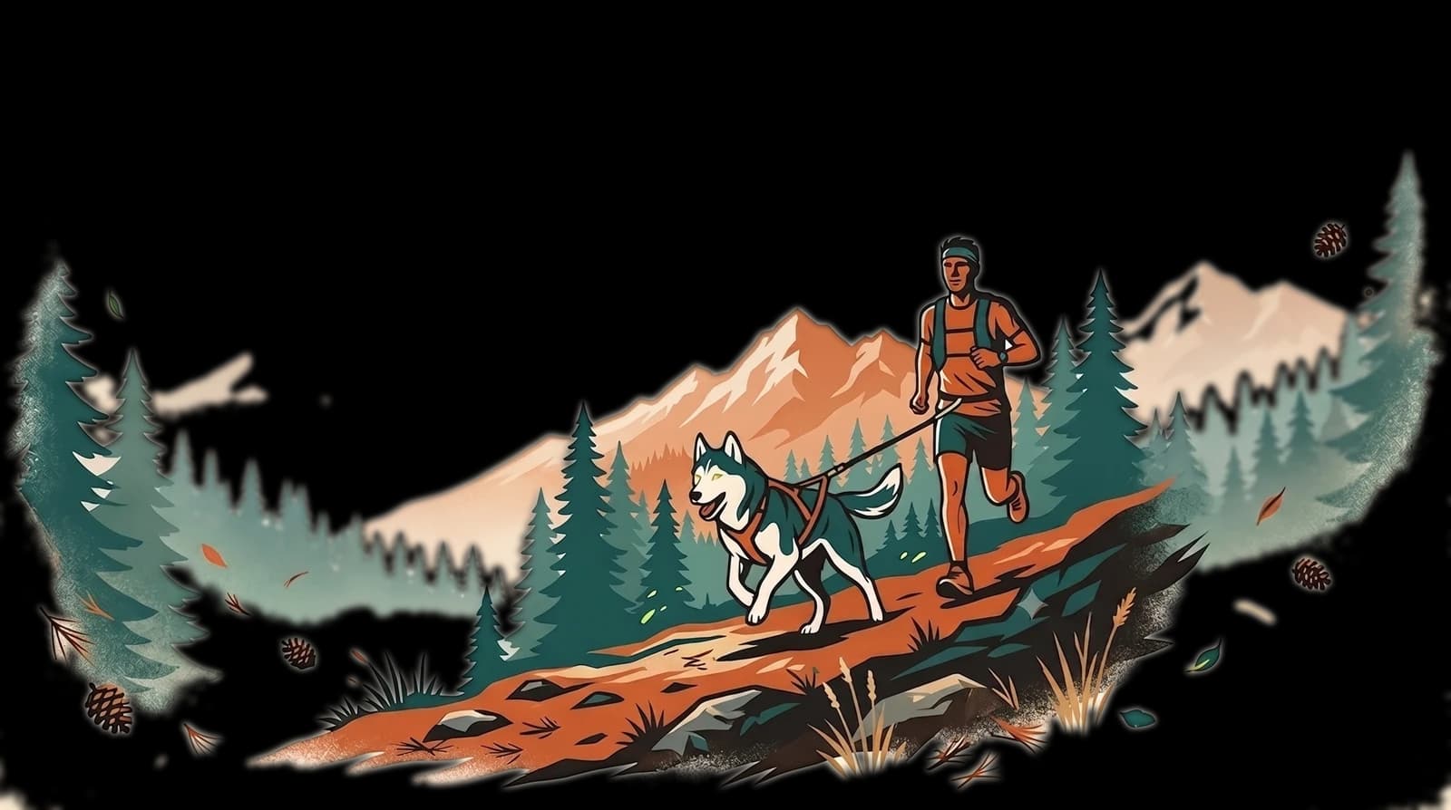 A trail runner running with a husky on a leash along a forested mountain trail